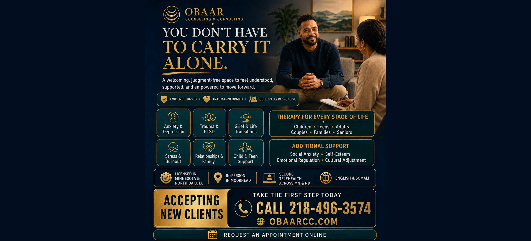Obaar Counseling and Consulting accepting new clients for anxiety, depression, trauma, relationships, and child, teen, adult, and family therapy